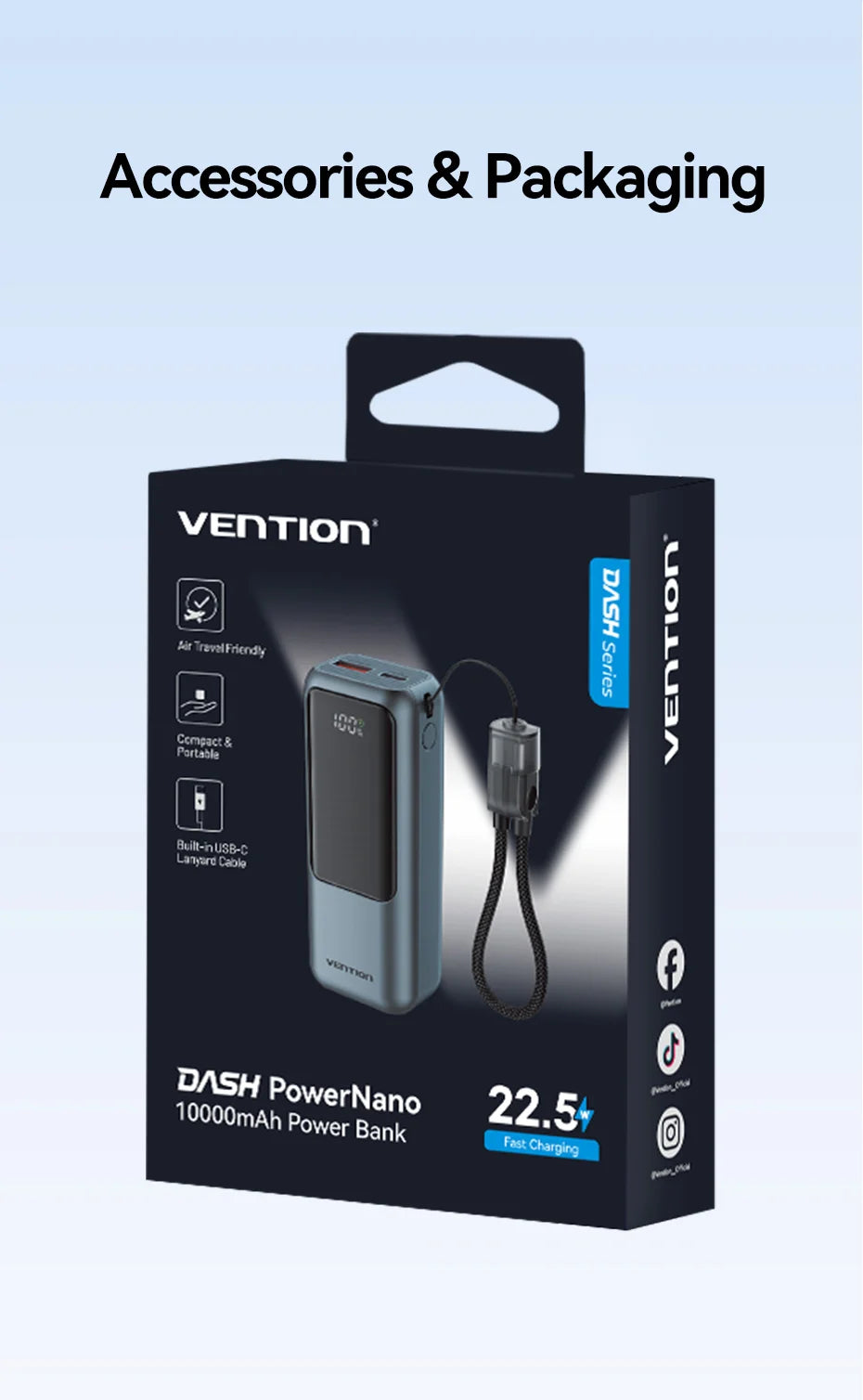 Vention 10000mAh Mini Power Bank – 22.5W Fast Charge, Built-In USB-C Cable, Digital Display