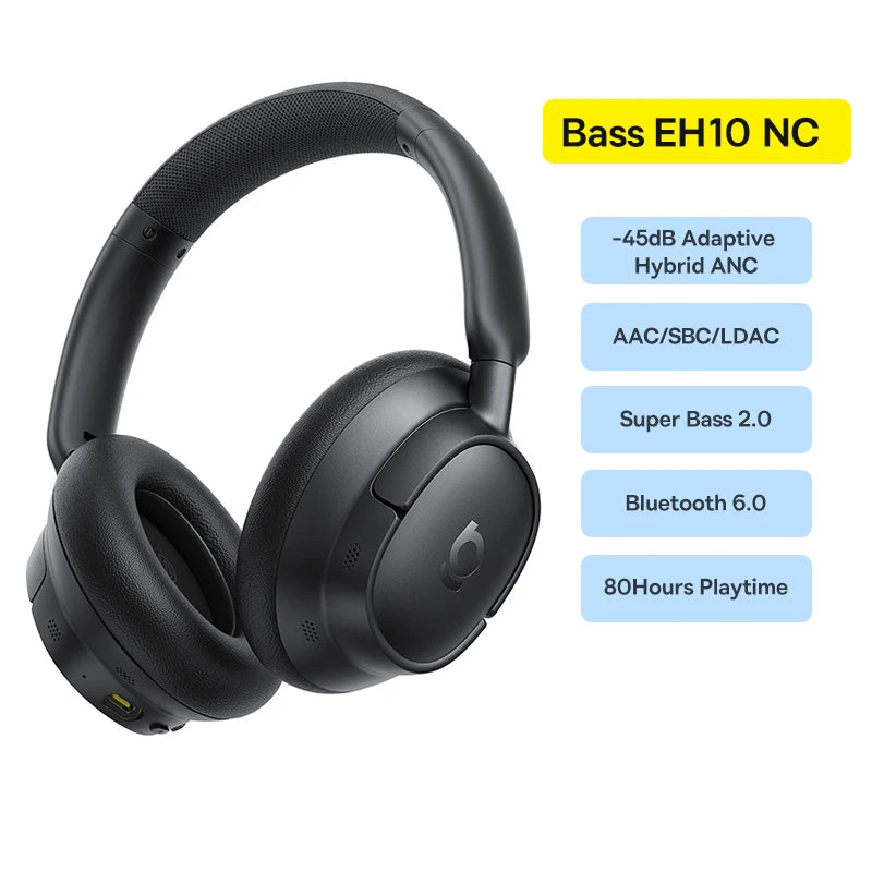 Baseus Bass EH10 NC ANC Headphones -45dB Noise Cancelling, Bluetooth 6.0, 80Hr Battery, Spatial Audio