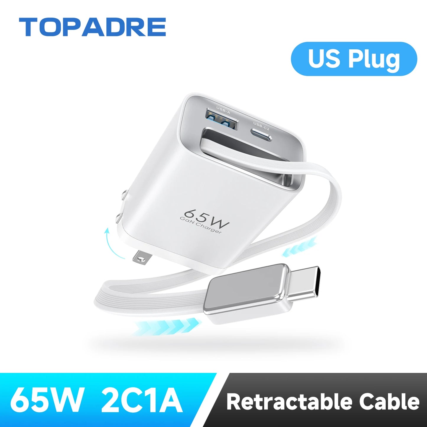 65W GaN 3-Port Travel Charger – Built-In Retractable USB-C Cable