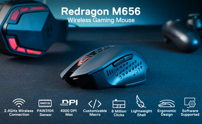 Redragon M656 Gainer Wireless Gaming Mouse – 4000 DPI, 2.4GHz, 7 Macro Buttons, Red LED