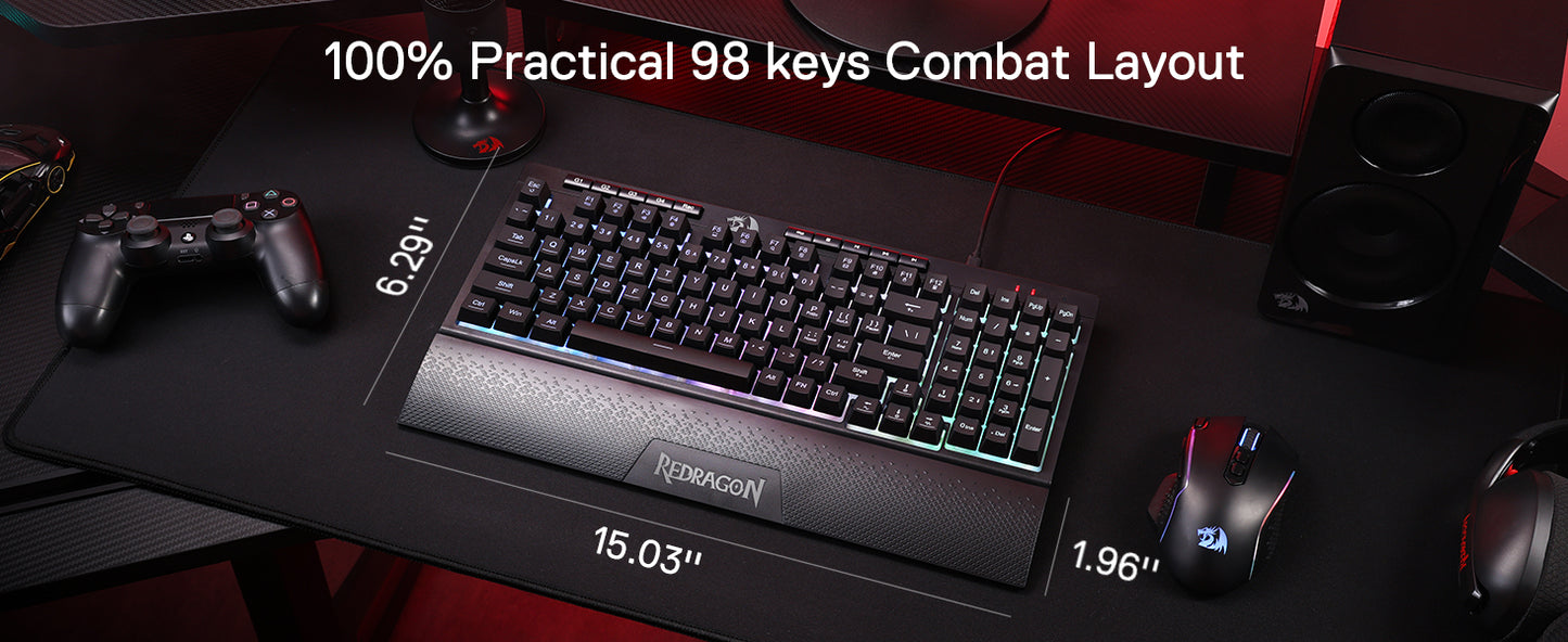 Redragon K515 Shiva RGB Gaming Keyboard – 98 Keys, Smooth Linear Switch, Detachable Wrist Rest