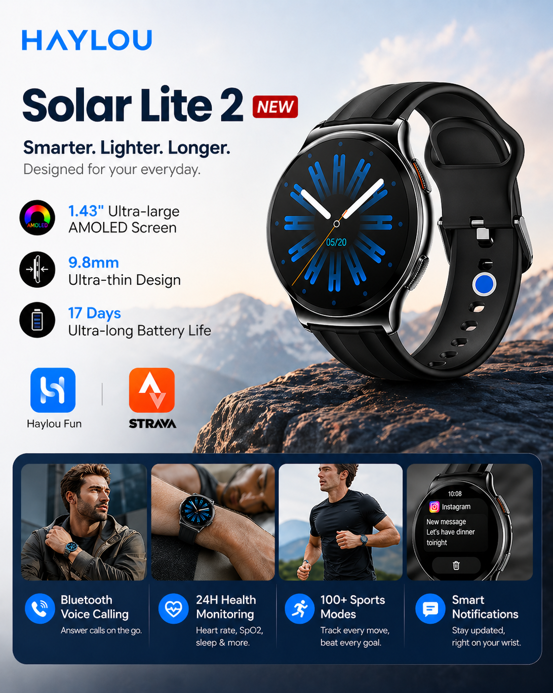 HAYLOU Solar Lite 2 Smartwatch – 1.43" AMOLED, Voice Calling & 17-Day Battery