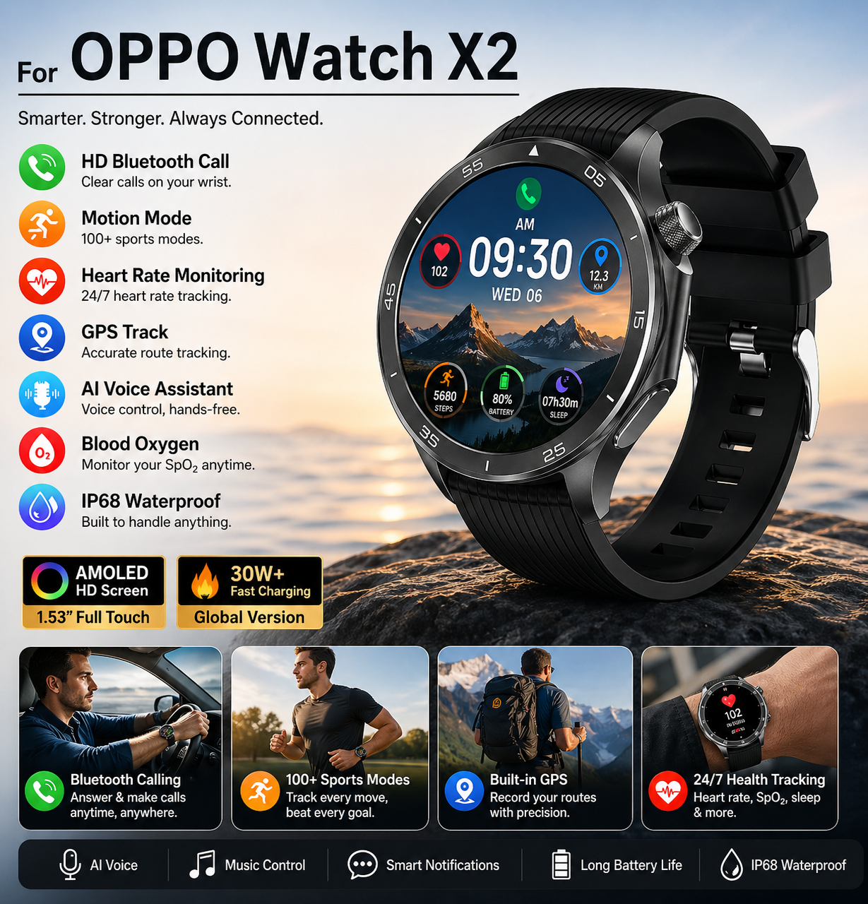 OPPO Watch X2 Smartwatch – GPS, Heart Rate, AI Voice, Bluetooth Calling
