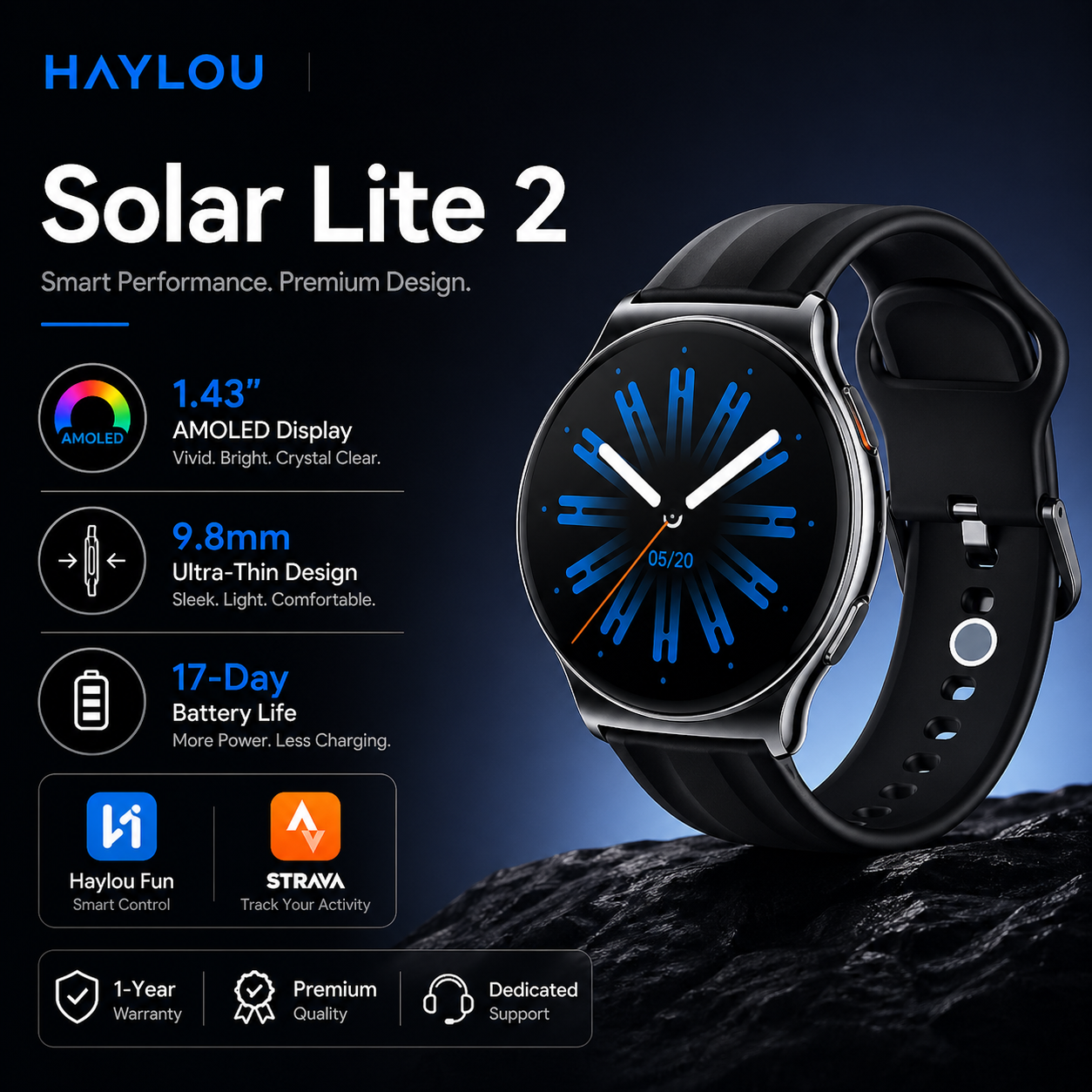 HAYLOU Solar Lite 2 Smartwatch – 1.43" AMOLED, Voice Calling & 17-Day Battery