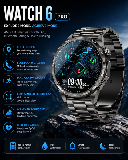WATCH 6 Pro – AMOLED Smartwatch with GPS, Bluetooth Calling & Health Tracking