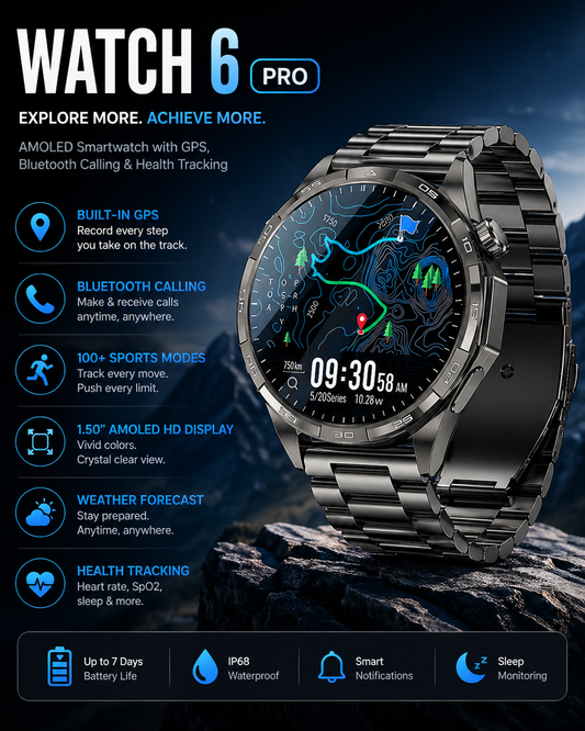 WATCH 6 Pro – AMOLED Smartwatch with GPS, Bluetooth Calling & Health Tracking