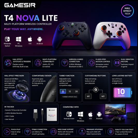 GameSir T4 Nova Lite Wireless Controller – Hall Effect, Nintendo Switch, PC, iOS, Android