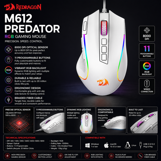 Redragon M612 Predator RGB Gaming Mouse – 8000 DPI, 11 Programmable Buttons, Wired, White