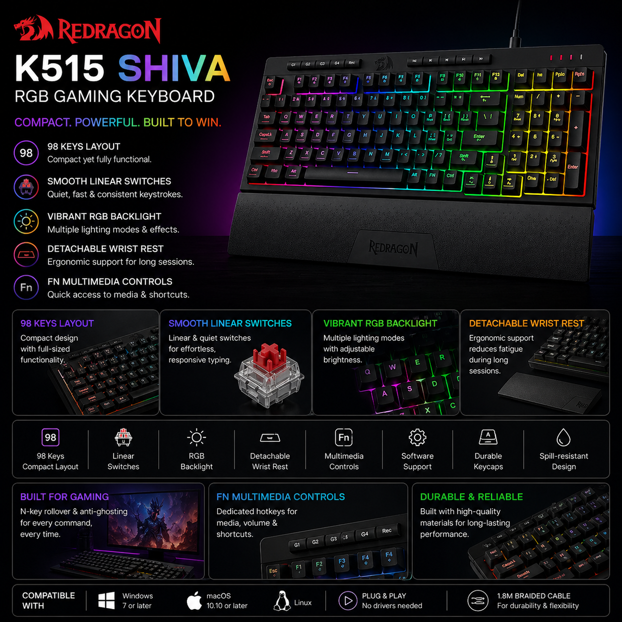 Redragon K515 Shiva RGB Gaming Keyboard – 98 Keys, Smooth Linear Switch, Detachable Wrist Rest