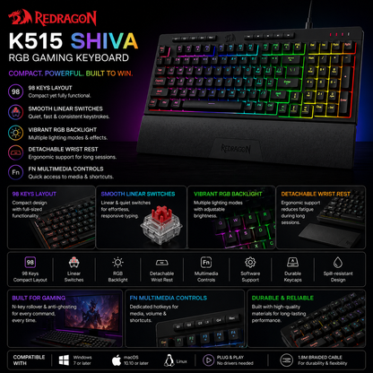 Redragon K515 Shiva RGB Gaming Keyboard – 98 Keys, Smooth Linear Switch, Detachable Wrist Rest