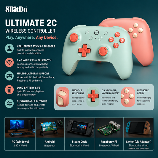 8BitDo Ultimate 2C Wireless Controller – Hall Effect, PC, Android, Steam Deck, Raspberry Pi