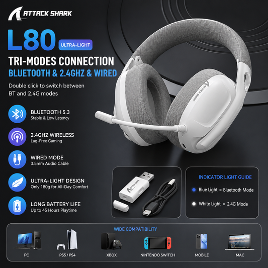 ATTACK SHARK L80 Ultra-Light Wireless Gaming Headset — Tri-Mode, PC/PS5/Xbox/Switch