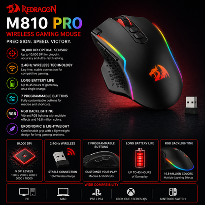 Redragon M810 Pro Wireless Gaming Mouse – 10K DPI