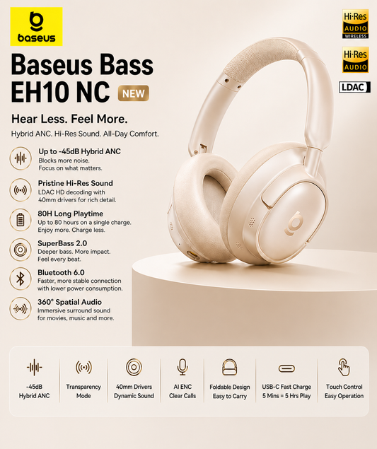 Baseus Bass EH10 NC ANC Headphones  -45dB Noise Cancelling, Bluetooth 6.0, 80Hr Battery, Spatial Audio
