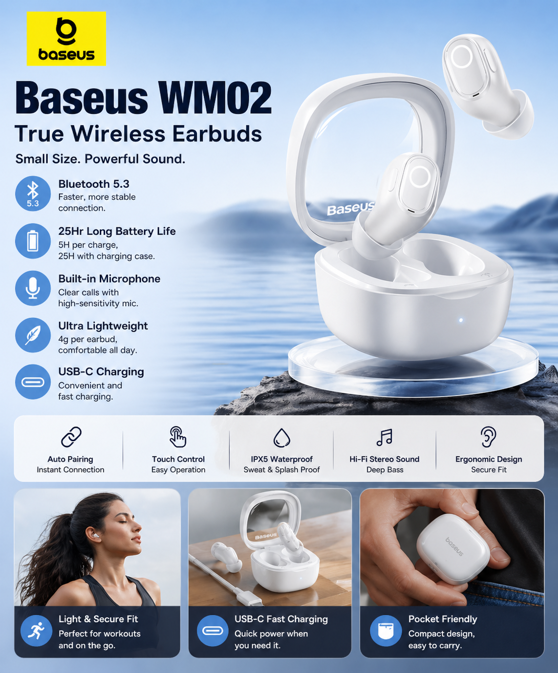 Baseus WM02 True Wireless Earbuds – Bluetooth 5.3, 25Hr Battery, Built-In Mic, USB-C