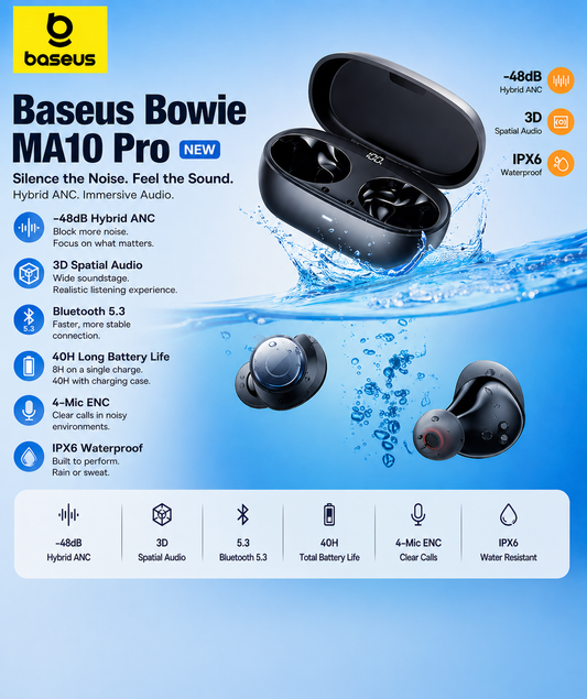 Baseus Bowie MA10 Pro ANC Earbuds – 48dB Hybrid ANC, Bluetooth 5.3, 40Hr Battery, 4-Mic ENC