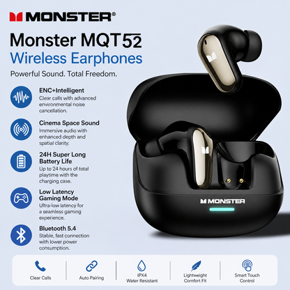 Monster MQT52 Wireless Earphones – Bluetooth 5.4 | 24Hr Battery | Gaming Mode