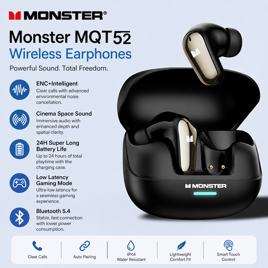 Monster MQT52 Wireless Earphones – Bluetooth 5.4 | 24Hr Battery | Gaming Mode