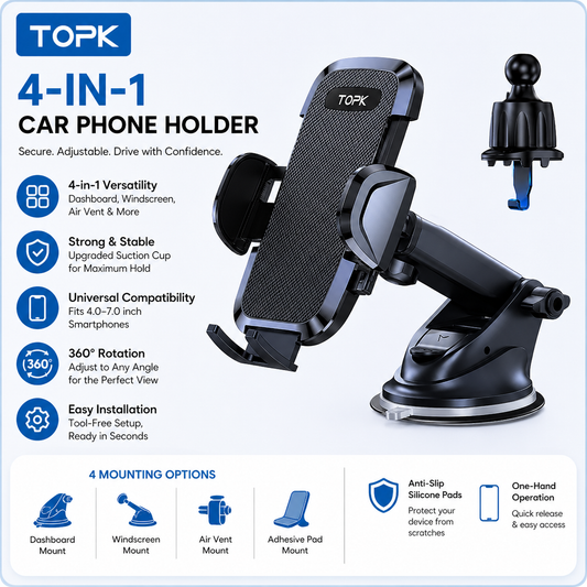 TOPK 4-in-1 Car Phone Holder – Dashboard, Windscreen & Air Vent Mount, Universal Fit