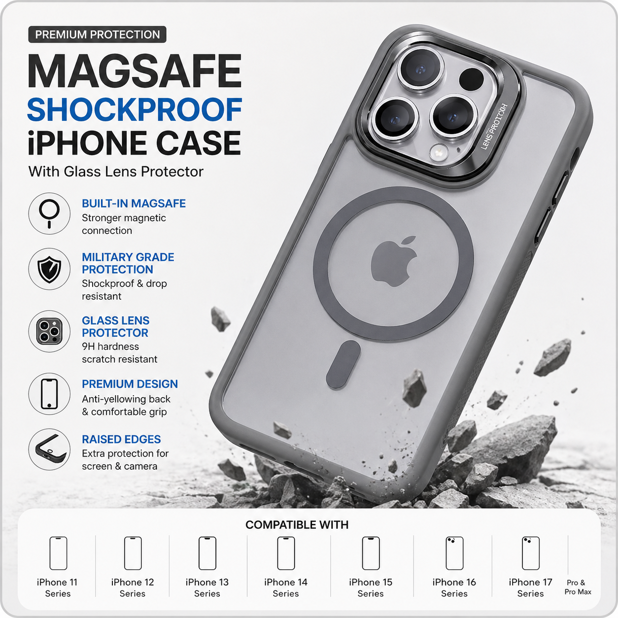 MagSafe Shockproof iPhone Case with Glass Lens Protector – iPhone 11 to 17 Pro Max