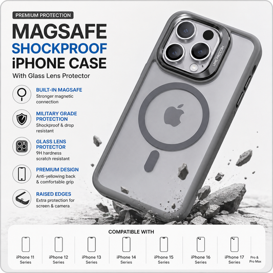 MagSafe Shockproof iPhone Case with Glass Lens Protector – iPhone 11 to 17 Pro Max