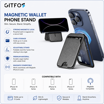 GITFOS Magnetic Wallet Phone Stand – MagSafe Compatible, Leather Card Holder, iPhone 14/15/16/17