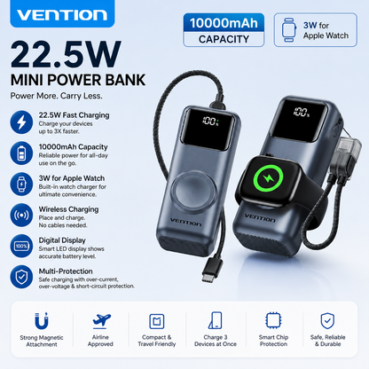 Vention 10000mAh Power Bank – 22.5W, Wireless Charging, Apple Watch Charger, Digital Display