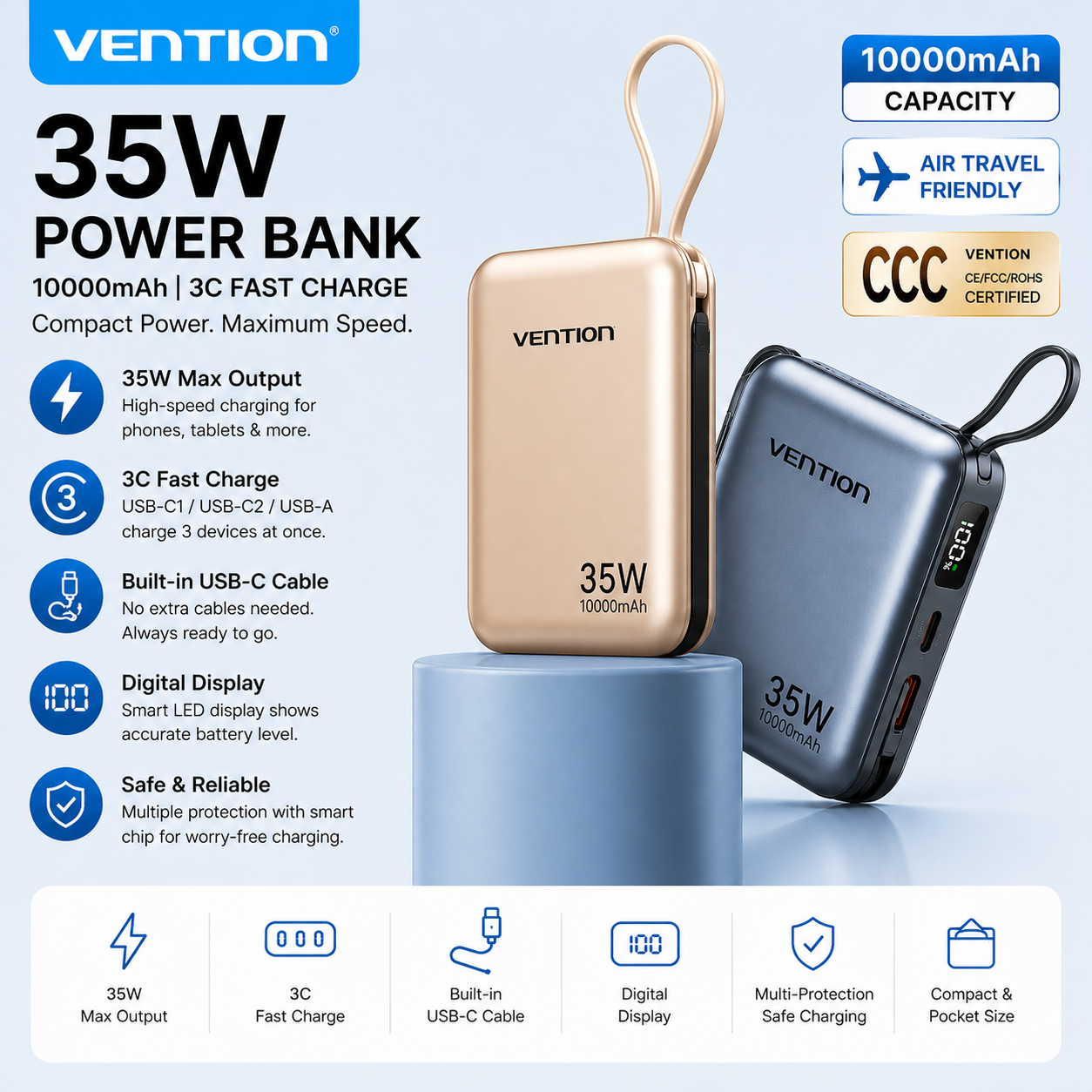 Vention 10000mAh Power Bank 35W – 3C Fast Charge, Built-In Cable, Digital Display, Beige / Gray