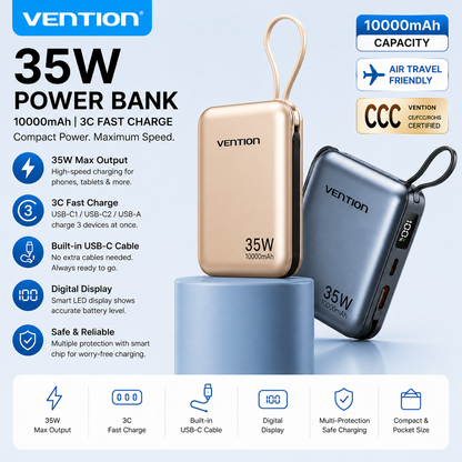 Vention 10000mAh Power Bank 35W – 3C Fast Charge, Built-In Cable, Digital Display, Beige / Gray