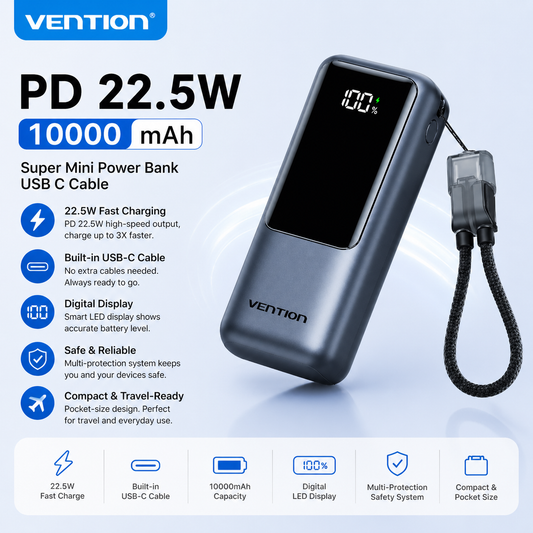 Vention 10000mAh Mini Power Bank – 22.5W Fast Charge, Built-In USB-C Cable, Digital Display