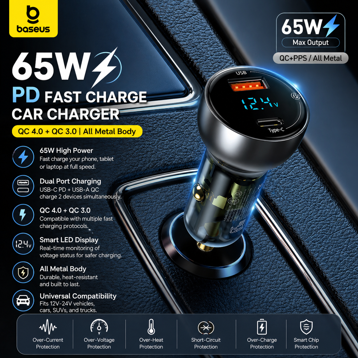 Baseus 65W PD Car Charger – QC 4.0 + QC 3.0, USB-C + USB-A, LED Display, Fast Charge