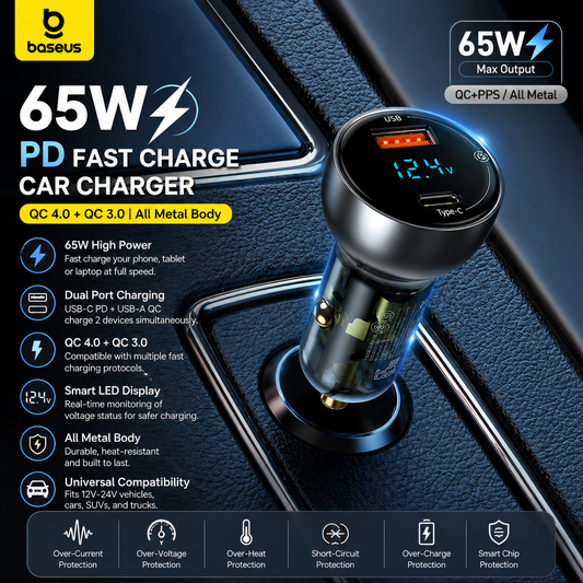 Baseus 65W PD Car Charger – QC 4.0 + QC 3.0, USB-C + USB-A, LED Display, Fast Charge