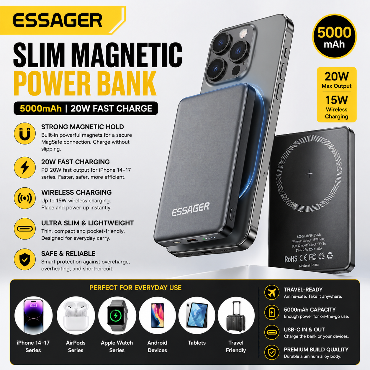 Essager Slim Magnetic Power Bank — 5000mAh, 20W Wireless, MagSafe iPhone 14–17