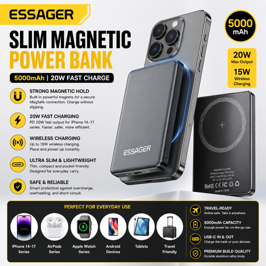 Essager Slim Magnetic Power Bank — 5000mAh, 20W Wireless, MagSafe iPhone 14–17