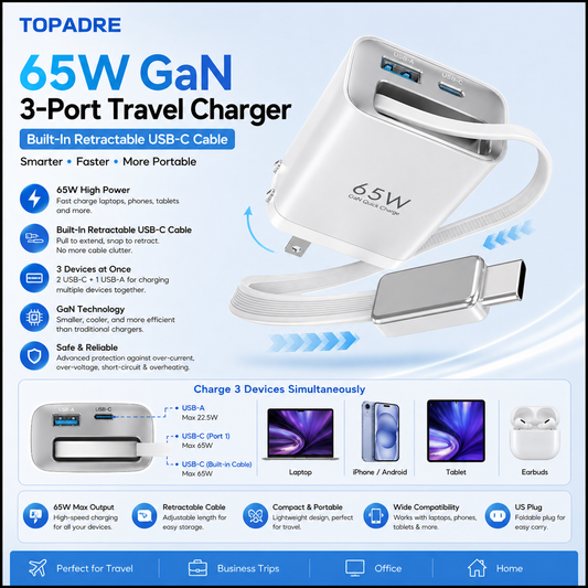 65W GaN 3-Port Travel Charger – Built-In Retractable USB-C Cable