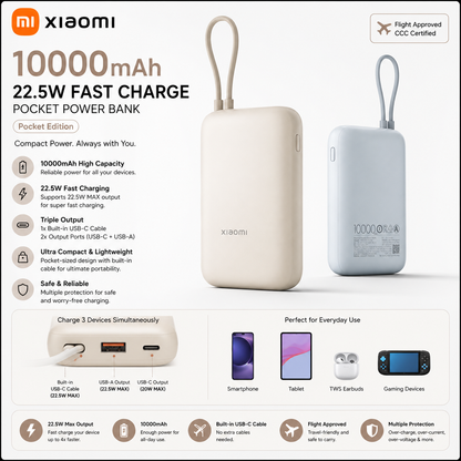Xiaomi 10000mAh Pocket Power Bank – 22.5W Fast Charge, Built-In USB-C Cable, Triple Output