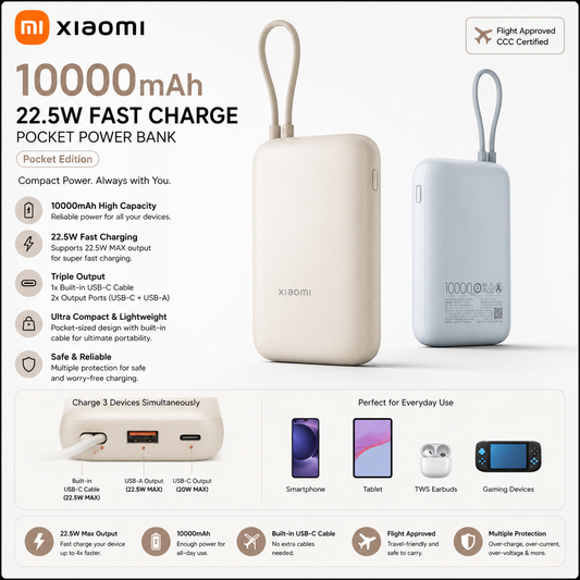 Xiaomi 10000mAh Pocket Power Bank – 22.5W Fast Charge, Built-In USB-C Cable, Triple Output