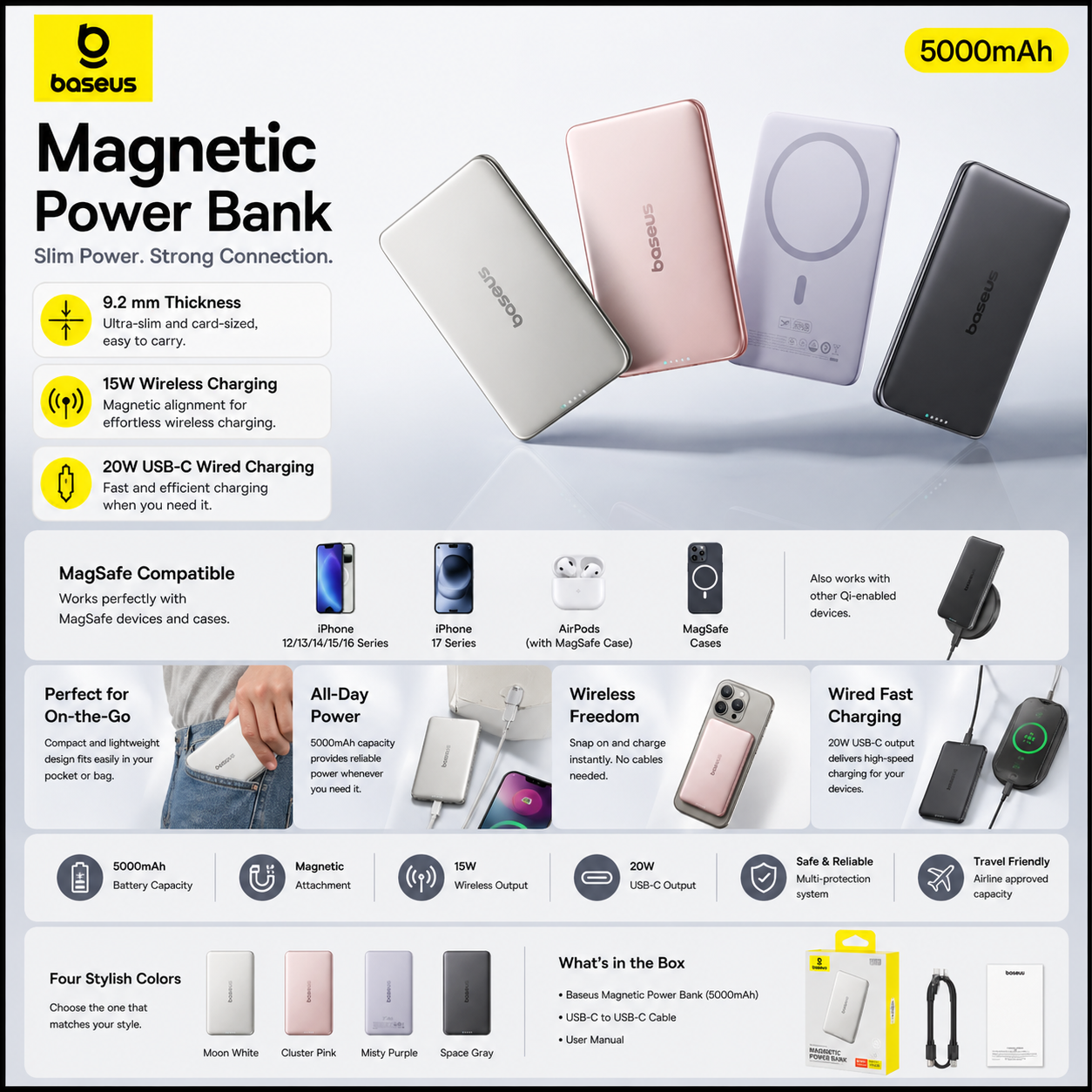 Baseus 5000mAh Magnetic Power Bank – 15W Wireless, 20W Wired, Card-Slim, MagSafe Compatible