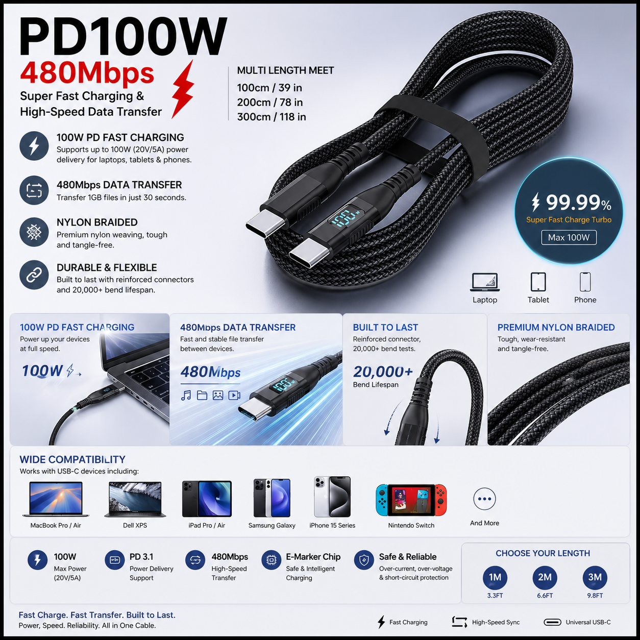 100W USB-C Cable – Laptop & Phone Fast Charging, Nylon Braided, 1m / 2m / 3m