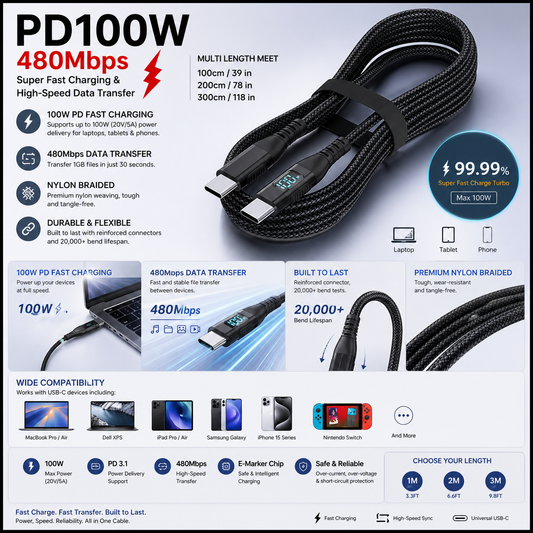100W USB-C Cable – Laptop & Phone Fast Charging, Nylon Braided, 1m / 2m / 3m