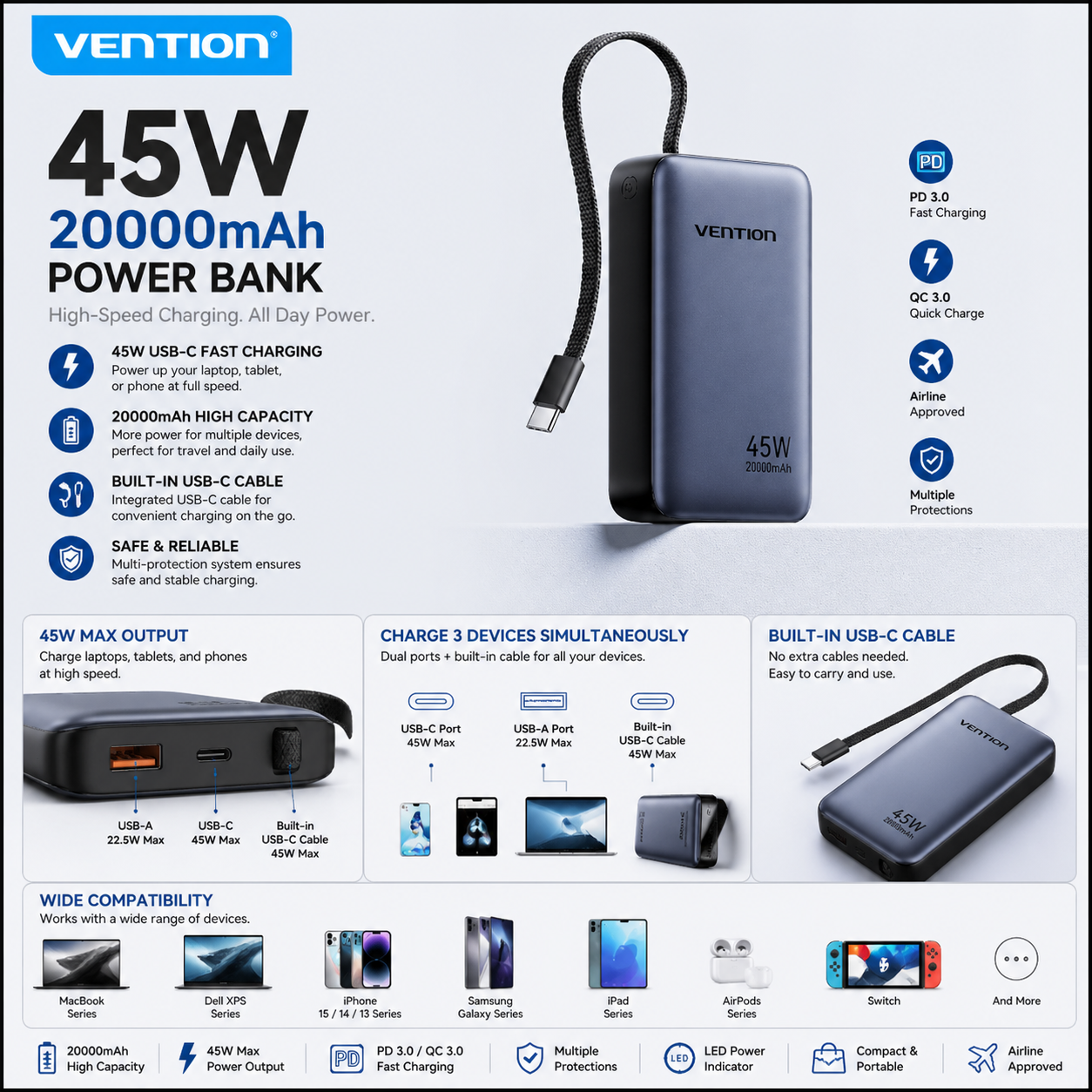Vention 20000mAh Power Bank – 45W Fast Charging