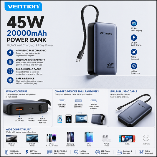 Vention 20000mAh Power Bank – 45W Fast Charging