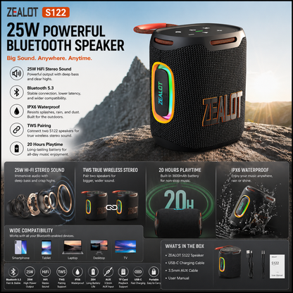 ZEALOT S122 25W Portable Bluetooth Speaker – IPX6 Waterproof, HiFi Stereo, TWS, 20Hr Battery