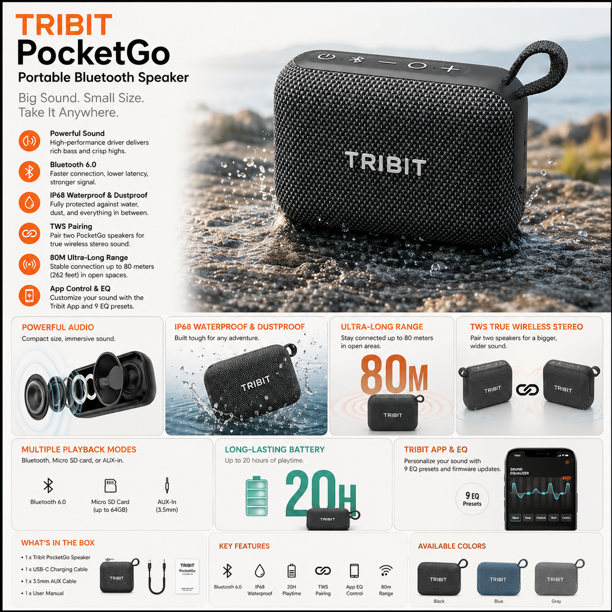 Tribit PocketGo Portable Bluetooth Speaker – IP68 Waterproof, BT 6.0, TWS, 80m Range, App EQ