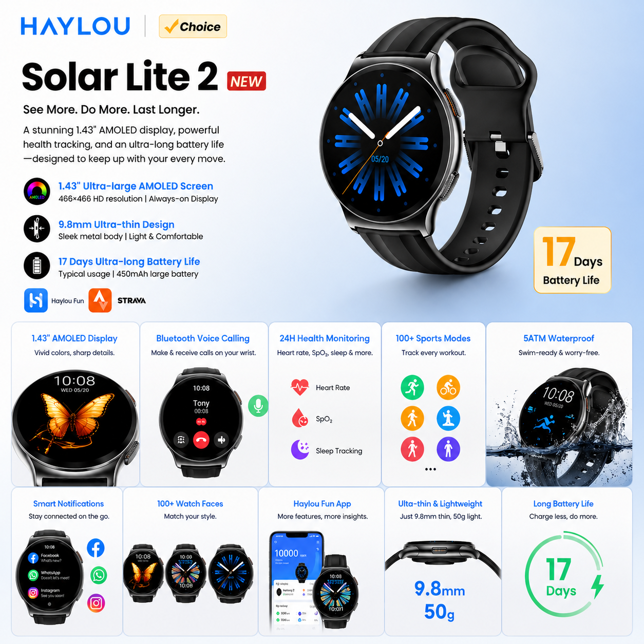 HAYLOU Solar Lite 2 Smartwatch – 1.43" AMOLED, Voice Calling & 17-Day Battery