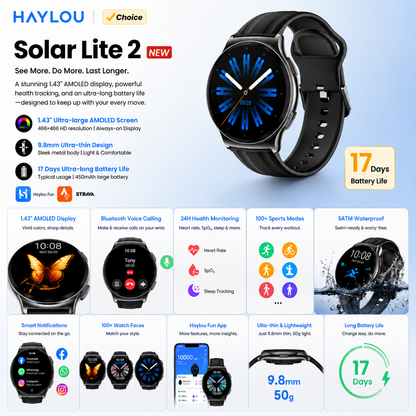 HAYLOU Solar Lite 2 Smartwatch – 1.43" AMOLED, Voice Calling & 17-Day Battery