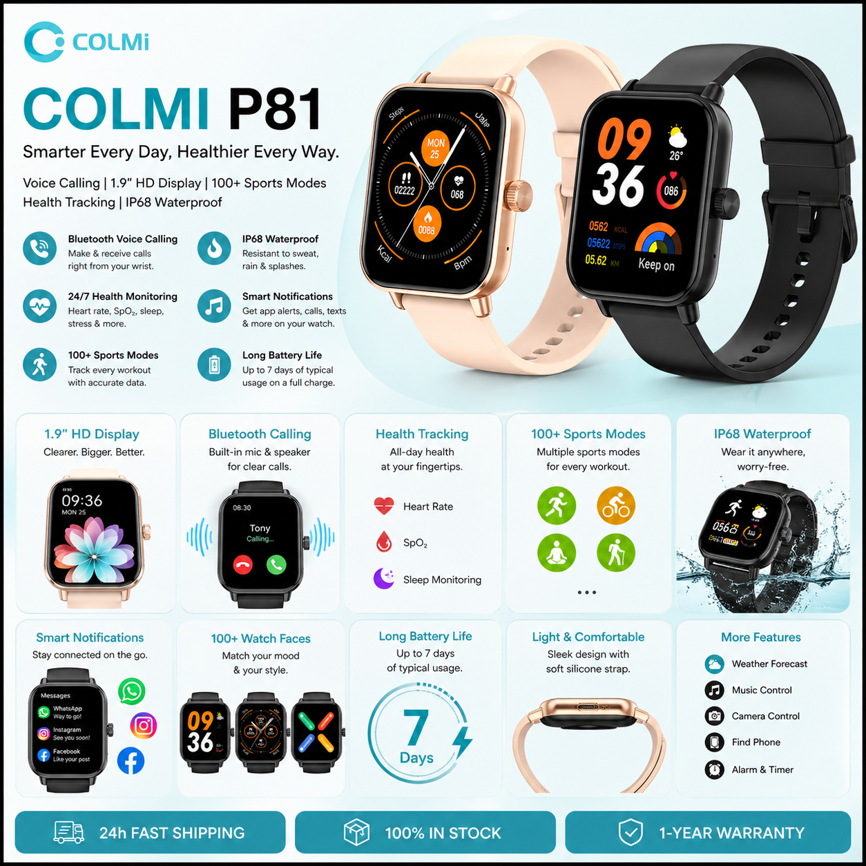 COLMI P81 Smartwatch – Voice Calling, 1.9" HD Display & 100+ Sports Modes