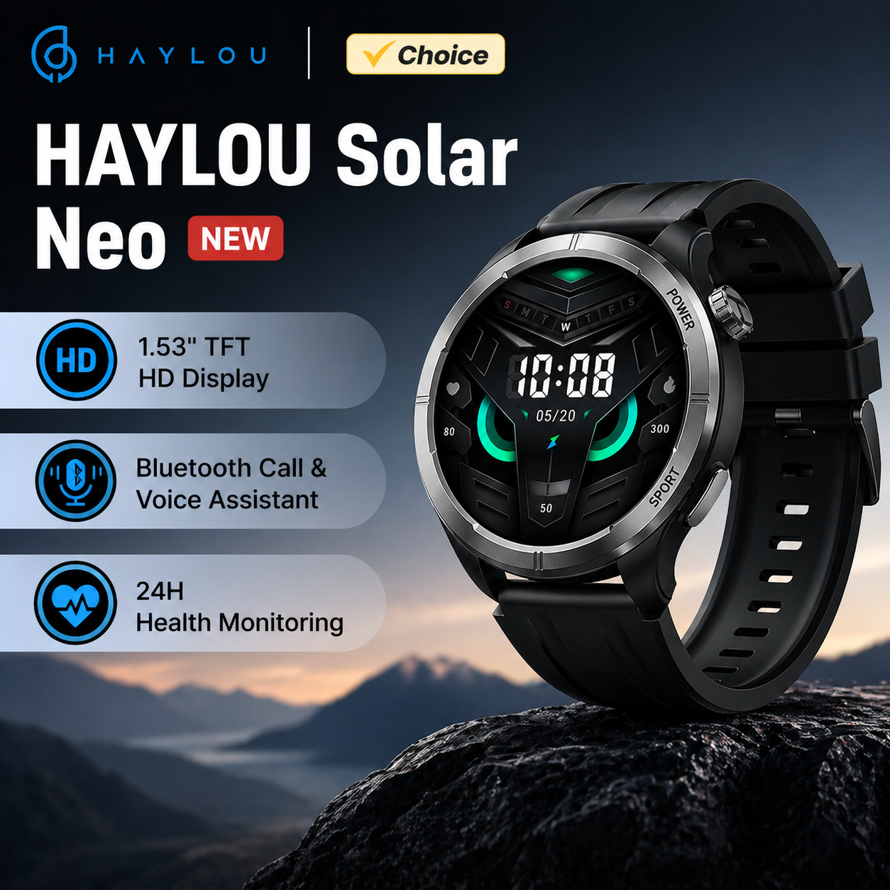 HAYLOU Solar Neo Smartwatch – 1.53" HD Display, 24H Health Monitoring, Bluetooth Calling