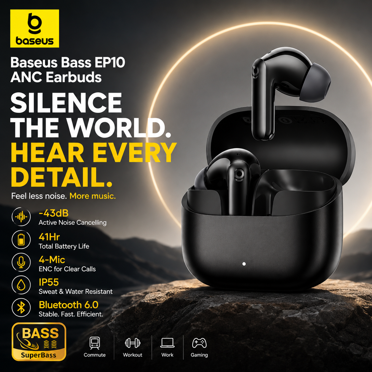 Baseus Bass EP10 ANC Earbuds – -43dB Noise Cancelling, Bluetooth 6.0, 41Hr Battery, 4-Mic ENC