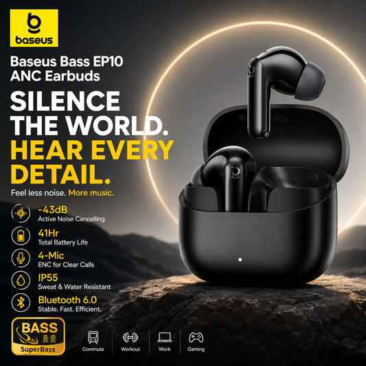 Baseus Bass EP10 ANC Earbuds – -43dB Noise Cancelling, Bluetooth 6.0, 41Hr Battery, 4-Mic ENC